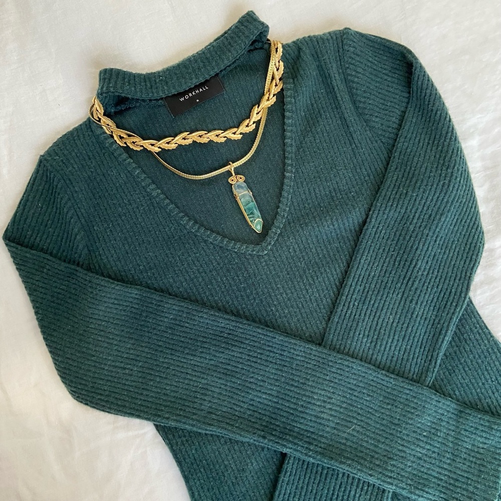 Workhall forest green sweater dress with cutout.